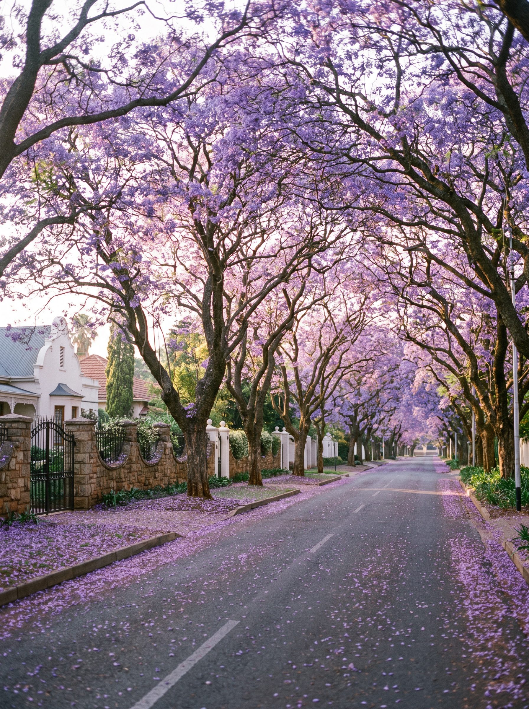 Jacaranda-lined Ridge Street outside House Falcon Guest House in spring
